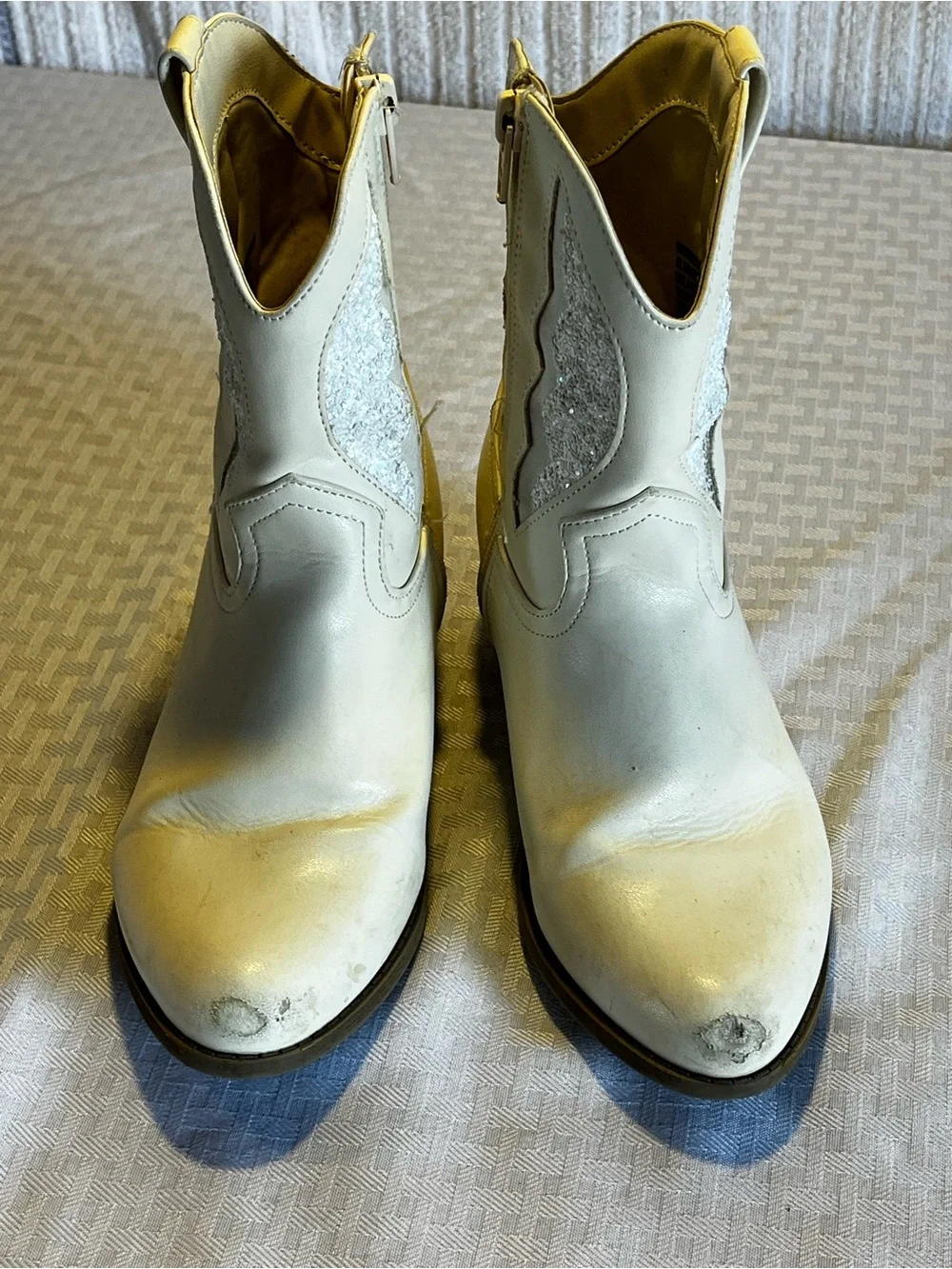Girls White Cowboy Boots Size 2 Glitter Inset Ankle Western Boots Zipper